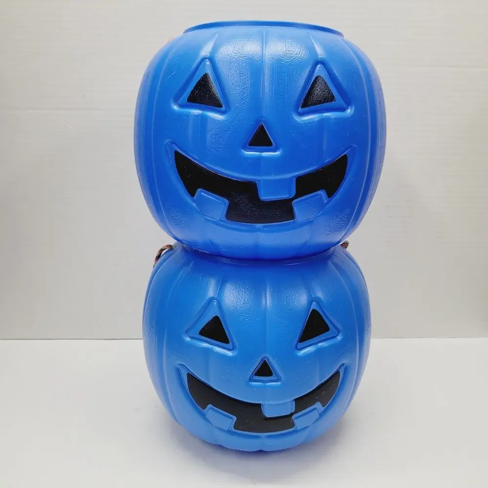 2 Halloween 8” BLUE Blow Mold Pumpkin Trick or Treat Pails W/Rope Handles